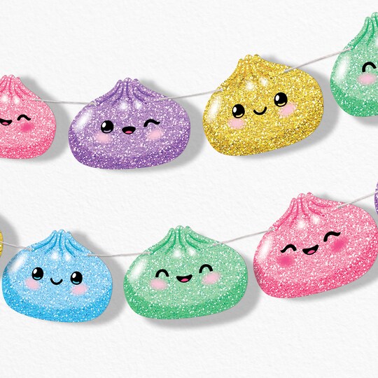 Big Dot of Happiness; Big Dot of Happiness Glitter Dumplings Garland Banner, Kids Birthday Banner Backdrop, 30 Feet of Cord, 15 Double-Sided Colorful Squishy Party Supplies; Category:Banners; Image:1